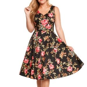 Wedding Guest Dress Designer Fit & Flare Floral Dress, V-Neck in Front & Back